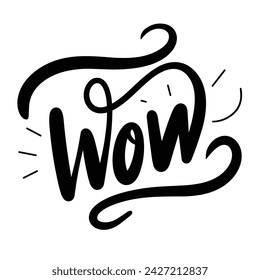 Wow text banner. Handwriting text WOW p inscription in black color. Hand draw vector art.