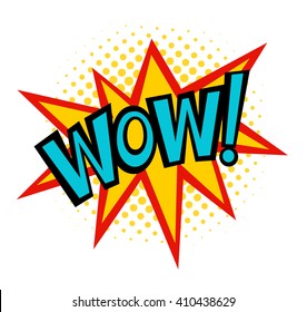 Wow texto pop art vector. Nube de burbujas. El arte pop salpicado de wow y nube se ve en fondo blanco. Burbuja de estilo cómico de dibujos animados, elemento con manchas de medio tono