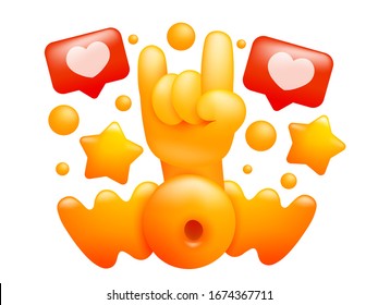 Wow title concept card with emoji yellow hand. 3d cartoon style. Vector illustration