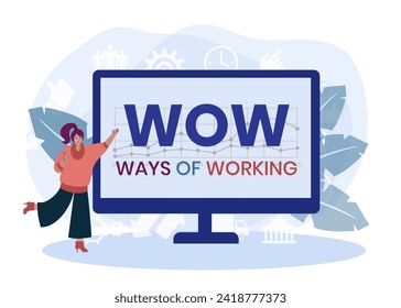 WOW, Ways of Working. Concept with keywords, people and icons. Flat vector illustration. Isolated on white background.
