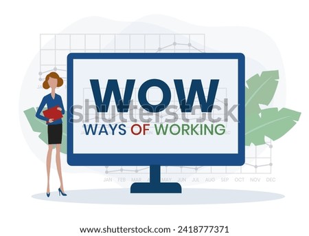 WOW, Ways of Working. Concept with keywords, people and icons. Flat vector illustration. Isolated on white background.