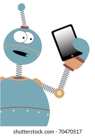 Wowing the tablet tech a cartoon robot holds a copy space friendly device in his amazed hand editable vector illustration