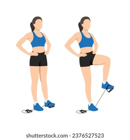 WoWoman doing Resistance band knee lift. Standing knee raises. Abdominal exercise. Flat vector illustration isolated on white background