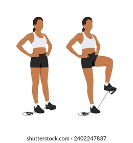 WoWoman doing Resistance band knee lift. Standing knee raises. Abdominal exercise. Flat vector illustration isolated on white background