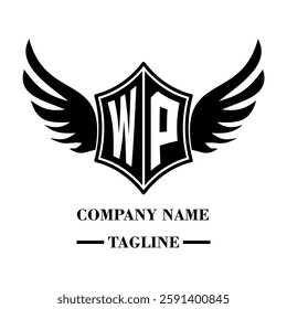 WP bold shield logo with wings, customizable with letters A to Z. Perfect for brands seeking a powerful symbol of strength, freedom, and ambition