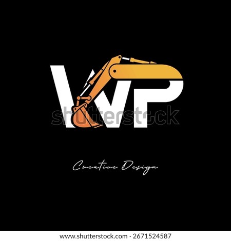 WP Excavator Arm Construction Logo - Bold Industrial Letter mark Design for Heavy Equipment, Contractor Branding and Modern Engineering Identity	
