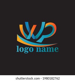 logotipo del tipo de letra WP. Logo elegante con letras WP azules y naranjas sobre fondo oscuro