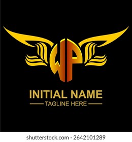 WP Golden Wing Emblem Logo with elegant gold wings, sleek and modern design. Ideal for branding, creative projects, luxury businesses, or artistic ventures.