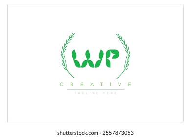 WP letters eco logo with leaf. Fresh nature and healthy leaf logo design.