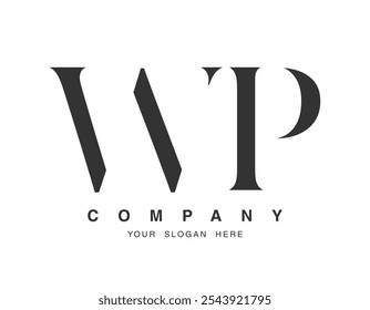 Design do logotipo WP. Estilo de fonte das letras iniciais w e p serif. Tipografia clássica do nome da empresa. Logotipo ou identidade da moda. Ilustração vetorial.