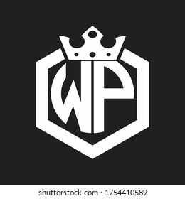 Monograma del logotipo WP redondeado por forma hexagonal con plantilla de diseño de corona