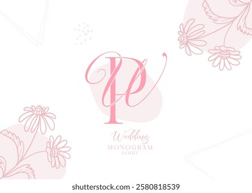 WP PW initial wedding monogram logo, wedding logo design, custom wreath wedding logo