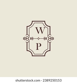 Logotipo inicial de bodas vintage de WP en un diseño profesional de alta calidad que se imprimirá en cualquier medio impreso