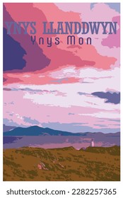 WPA inspired nostalgic retro travel poster of the Llanddwyn lighthouse, Anglesey, Wales in the style of Work Projects Administration.