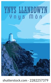 WPA inspired nostalgic retro travel poster of the Llanddwyn lighthouse, Anglesey, Wales in the style of Work Projects Administration.