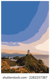 WPA inspired nostalgic retro travel poster of the Llanddwyn lighthouse, Anglesey, Wales in the style of Work Projects Administration.