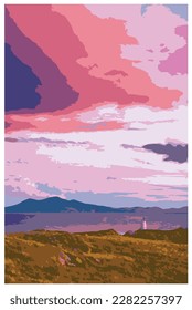 WPA inspired nostalgic retro travel poster of the Llanddwyn lighthouse, Anglesey, Wales in the style of Work Projects Administration.