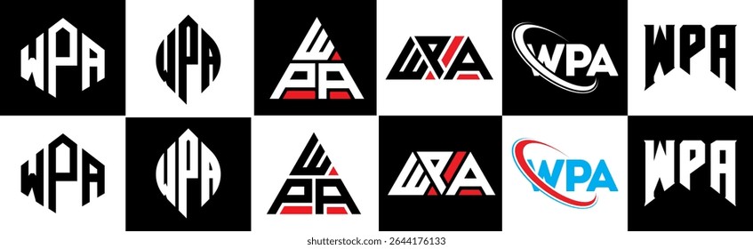 WPA letter logo design in six style. WPA polygon, circle, triangle, hexagon, flat and simple style with black and white color variation letter logo set in one artboard. WPA minimalist and classic logo