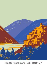 Afiche de WPA de Abruzzo, Lazio y el Parque Nacional Molise con el Lago Barrea y el Monte Marsicano en la región de Abruzzo Italia realizado en trabajos de administración de proyectos o estilo Art Deco.