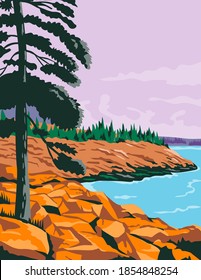 WPA poster art of Acadia National Park, an American national park located in state of Maine, southwest of Bar Harbor, United States done in works project administration or federal art project style.