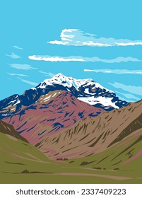 WPA poster art of Aconcagua Provincial Park in the Principal Cordillera of the Andes mountain range, Mendoza Province in Argentina done in works project administration or Art Deco style.