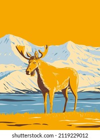 WPA Poster Kunst eines erwachsenen männlichen Elch oder Elch in Denali Nationalpark und Preserve oder Mount McKinley in Alaska USA getan in Werken Projekt-Administration Stil oder föderalen Art Projekt Stil.