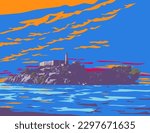 WPA poster art of Alcatraz Island with a lighthouse, military fortification and federal prison located in San Francisco, California USA done in works project administration or Art Deco style.