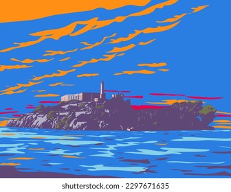 WPA poster art of Alcatraz Island with a lighthouse, military fortification and federal prison located in San Francisco, California USA done in works project administration or Art Deco style.