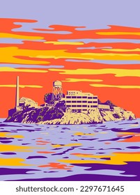 WPA poster art of Alcatraz Island at dusk with a lighthouse, military fortification and federal prison located in San Francisco, California USA done in works project administration or Art Deco style.