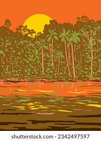 WPA poster art of the Amazon River or Rio Amazonas in Brazil, South America done in works project administration or Art Deco style.