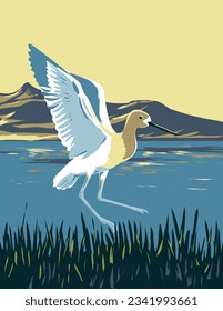 WPA Poster Art of American Avocet in the Great Salt Lake, America's Dead Sea in Salt Lake City, Utah Vereinigte Staaten in der Verwaltung von Projekten oder Art Deco Stil getan.