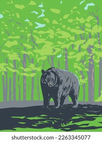 WPA poster art of an American black bear Ursus americanus or baribal endemic to North America in Shenandoah National Park, Virginia done in works project administration or federal art project style.