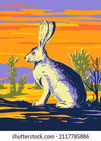 WPA poster art of an American desert hare or black-tailed jackrabbit in Joshua Tree National Park in the Mojave Desert, California, United States USA done in works project administration style.