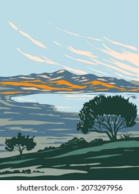 WPA poster art of the Antelope Island State Park in Antelope Island located within the Great Salt Lake in Salt Lake City and Davis County, Utah USA done in works project administration style.