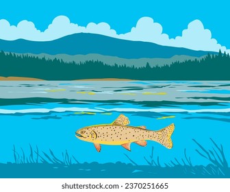 WPA poster art of an Apache trout or Arizona trout in Lee Valley Lake in the Apache Sitgreaves National Forests in Arizona done in works project administration or federal art project style.