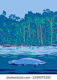 WPA poster art of arapaima, pirarucu or paiche, a bonytongue in the genus Arapaima native to the Amazon River or Río Amazonas in South America done in works project administration or Art Deco style.