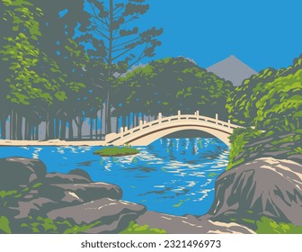 WPA poster art of arch bridge of Guanghua Pool at National Chiang Kai-shek Memorial Hall, Zhongzheng District, Taipei City Taiwan done in works project administration or Art Deco style.