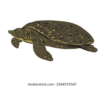 WPA poster art of an Asiatic softshell turtle, Southeast Asian softshell turtle, Amyda ornata or black-rayed softshell turtle, Amyda cartilaginea done in works project administration style.