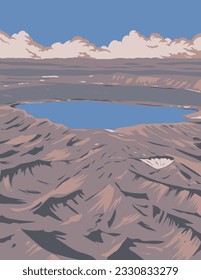 WPA poster art of Askja Caldera situated within Vatnajokull National Park in a remote part of the central highlands of Iceland done in works project administration or Art Deco style.