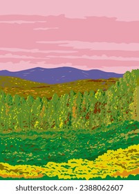 WPA poster art of autumn in the Tennessee portion of Great Smoky Mountains National Park USA done in works project administration or federal art project style.