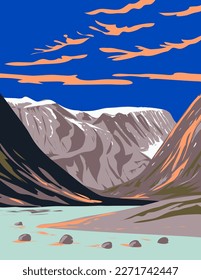 WPA poster art of Auyuittuq National Park with mouth of Weasel River and Mount Overlord in Cumberland Peninsula in the Qikiqtaaluk Region of Nunavut in Canada done in works project administration.