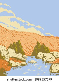 WPA poster art of Badger Springs Canyon and the Agua Fria River located in Agua Fria National Monument in Arizona United States done in works project administration style or federal art project style.