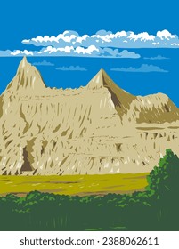 WPA poster art of the Badlands National Park located in southwestern South Dakota, United States of America USA done in works project administration or federal art project style.