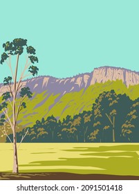 WPA poster art of Bago Bluff National Park situated south west of Wauchope in New South Wales, Australia done in works project administration or federal art project style.