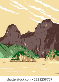 WPA poster art of Bai Tu Long Bay National Park located in Quang Ninh or Quangninh province along the northeastern coast of Vietnam done in works project administration or Art Deco style.