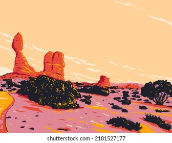 WPA poster art of Balanced Rock Trail in the Balanced RockTrail in Arches National Park located in Moab, Utah, United States USA done in works project administration style.