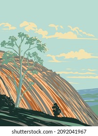 WPA poster art of Bald Rock National Park north of Tenterfield on the Queensland border in northern New South Wales, Australia done in works project administration or federal art project style.