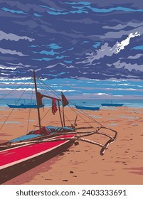 WPA poster art of a bangka or double outrigger dugout canoe in Santa Fe Beach, Bantayan Island, Cebu, Philippines done in works project administration or federal art project style.