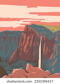 WPA poster art of Basaseachic Falls National Park within in the state of Chihuahua in the heart of Sierra Madre Occidental mountain range Mexico done in works project administration or Art Deco style.