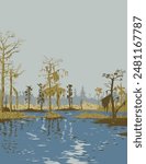 WPA poster art of Bayou Bardeaux in Barataria Preserve within Jean Lafitte National Historical Park, Louisiana USA done in works project administration or federal art project style.